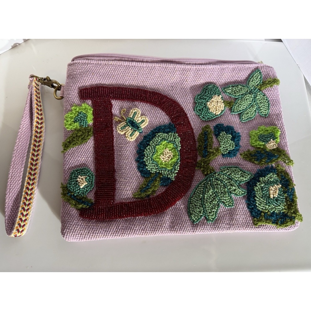 America & Beyond D Embellished Beaded Initial Pouch Wristlet Clutch